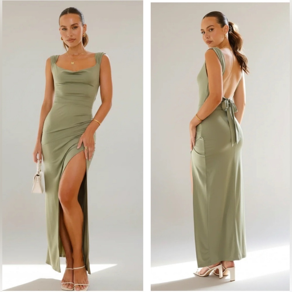 Sibella The Label Women’s Gown Maxi Dress Sage Green Side Slit Low Back Evening